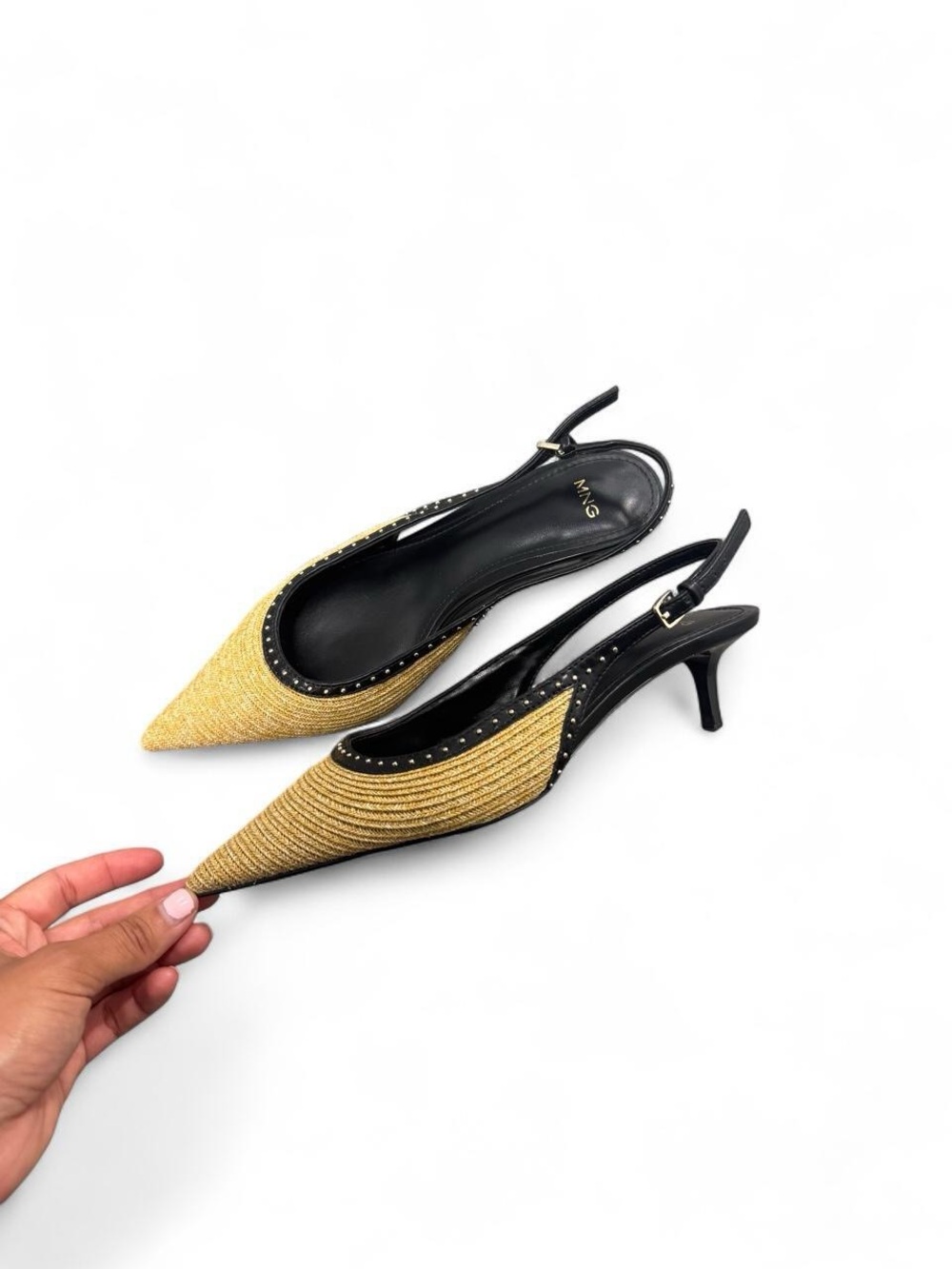 Mango Gold Woven Pointed Slingback Kitten Heels